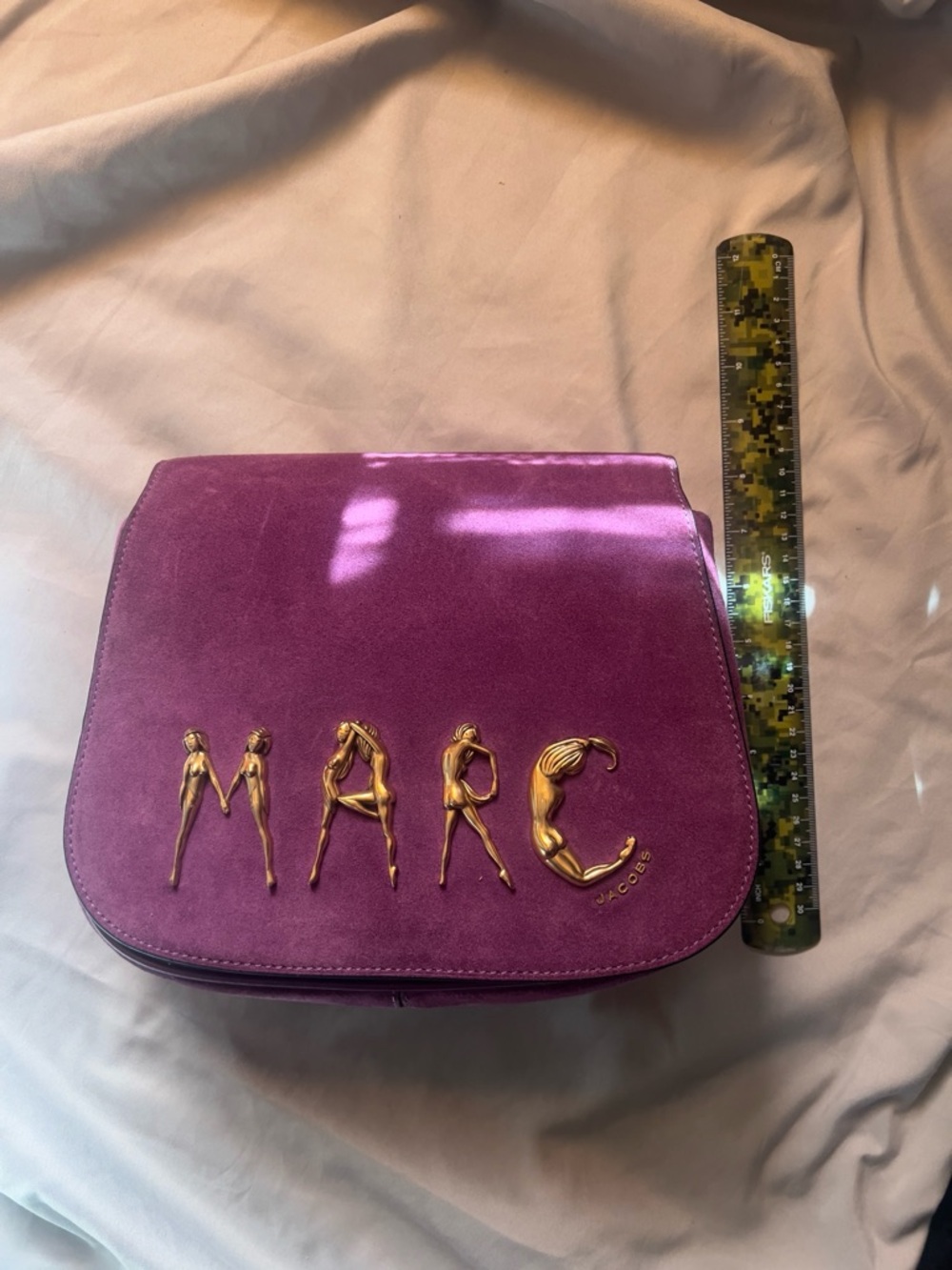 Marc Jacobs Violet Suede Crossbody with Gold Sculptural Logo
